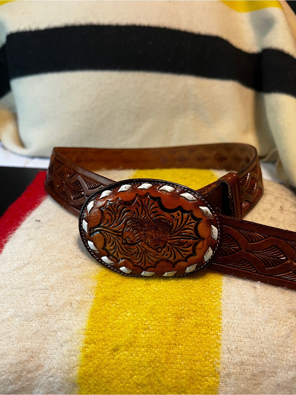 Brown Tooled western Leather Belt with Decorative Oval Buckle
